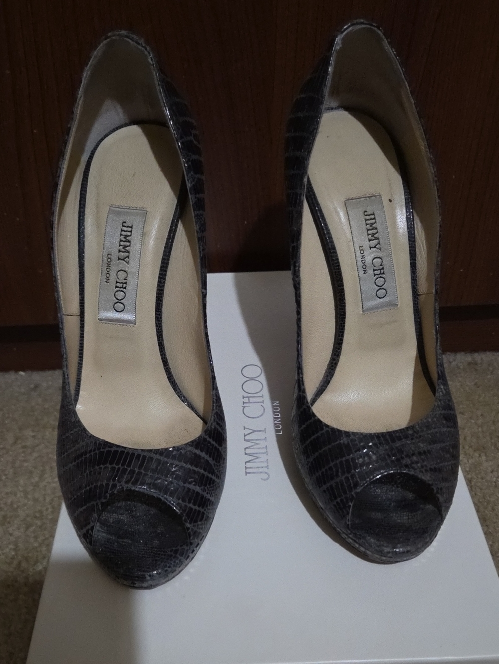 Jimmy Choo Black Croc-Embossed Peep-Toe Heels
